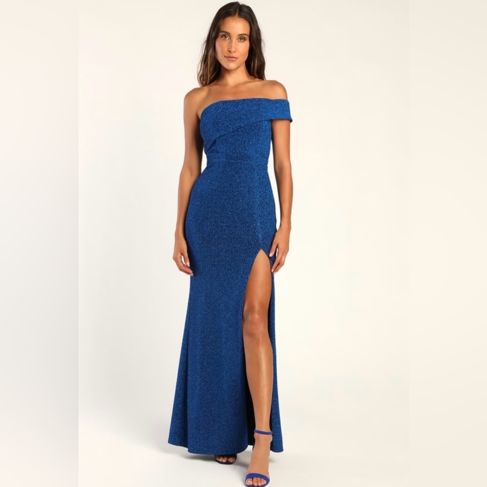 Lulu’s Shing Royal Blue One-Shoulder Maxi Dress